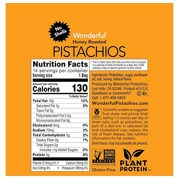 WONDERFUL PISTACHIOS NO SHELLS, HONEY ROASTED NUTS, 0.75 OUNCE BAGS (PACK OF 14), PROTEIN SNACKS, GLUTEN FREE, ON-THE-GO, INDIVIDUALLY WRAPPED HEALTHY SNACK