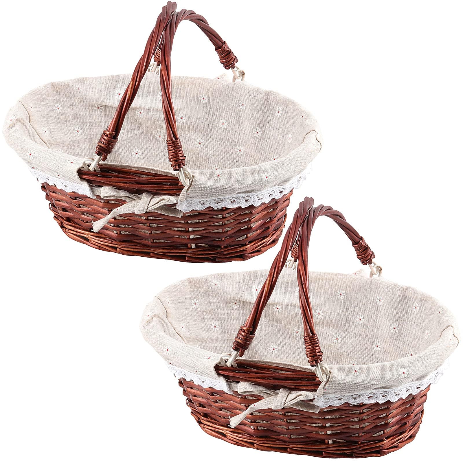 Photo 1 of 2 Pack Brown Wicker Woven Basket with Handle, Oval Willow Woven Picnic Basket with Cotton Cloth Lining