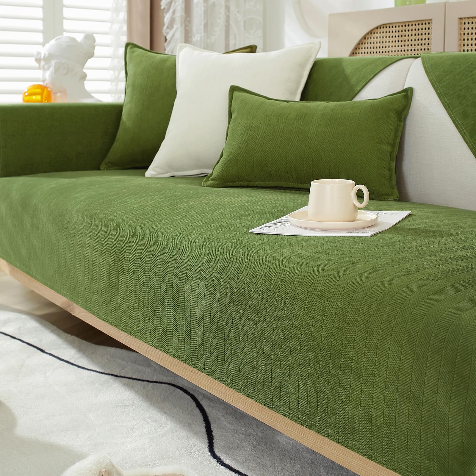 Soft Chenille Sofa Covers Washable - New Sofa Cushion Covers, Non-Slip Sofa Cover 1 2 3 Seater Couch Covers for Sectional Sofa, Sofa Slipcovers L Shape Furniture Protector (Army Green, 70x180cm)