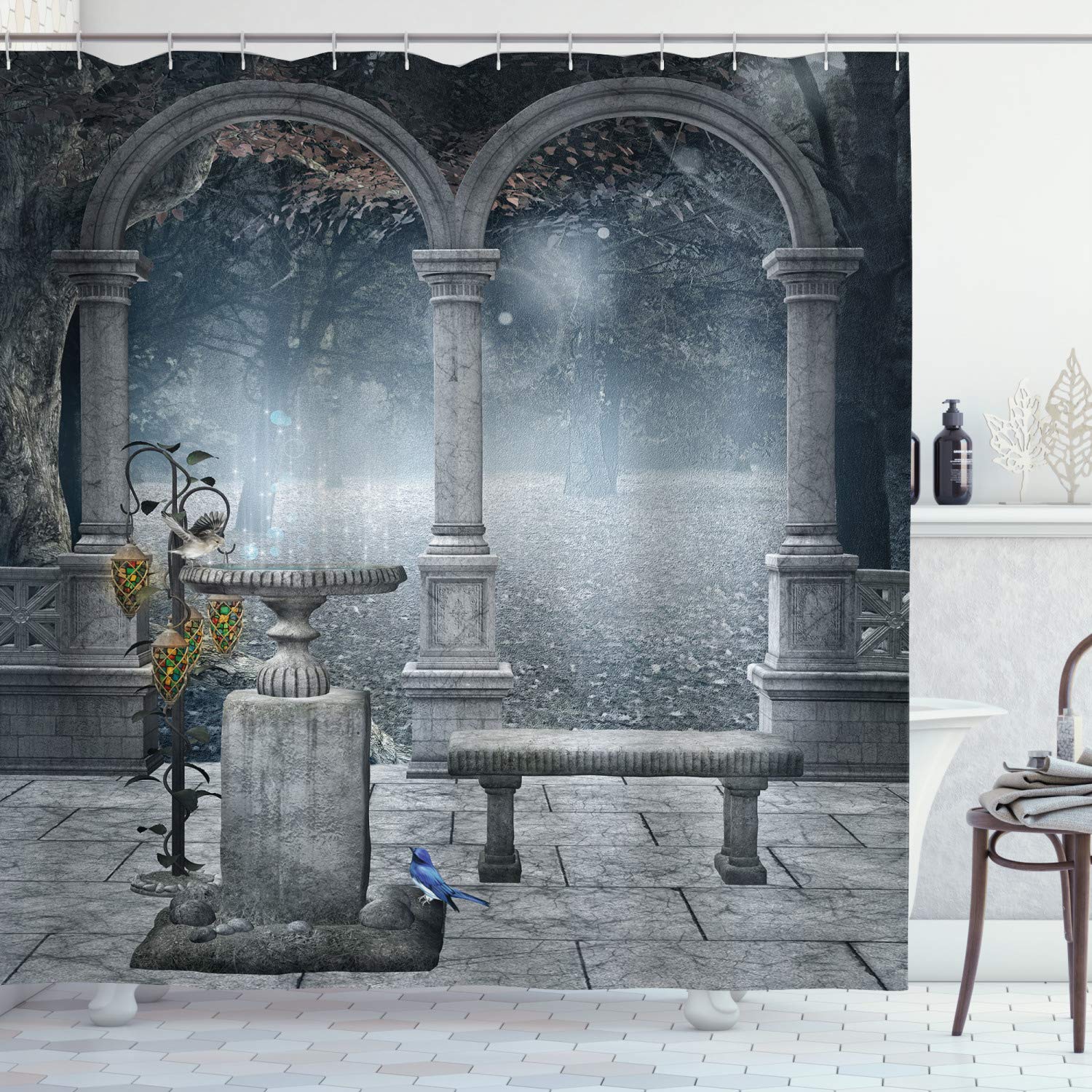 ABAKUHAUS Gothic Shower Curtain, Fictional Middle Age Mythical Stone Bench Balcony Building with Hummingbird Graphic Print, Cloth Fabric Bathroom Decor Set with Hooks, 94 Inches, Grey