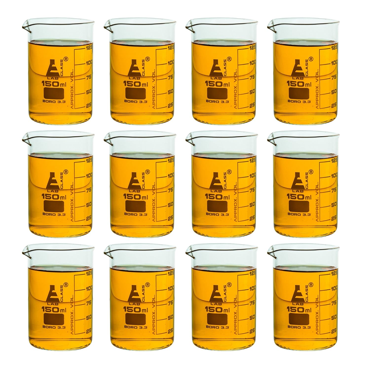 Eisco Labs Beaker - 150mL, Borosilicate Glass, 125mL graduation Low form - Pack of 12
