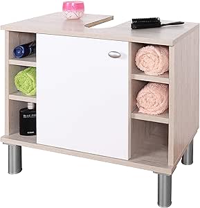 RICOO WM100-EP-W Mueble baño bajo Lavabo 60x54x32cm Armario Auxiliar pequeño Estantería Debajo lavamanos Toallero Madera Blanca y Roble Claro
