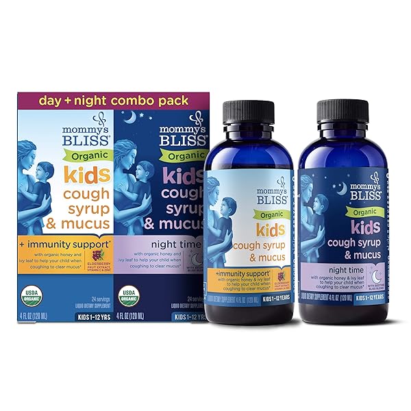 MOMMY’S BLISS ORGANIC COUGH SYRUP & MUCUS FOR KIDS, DAY AND NIGHT COMBO PACK WITH VITAMIN C AND IMMUNITY SUPPORT, CONTAINS ORGANIC HONEY AND IVY LEAF, 4 FL OZ (PACK OF 2)