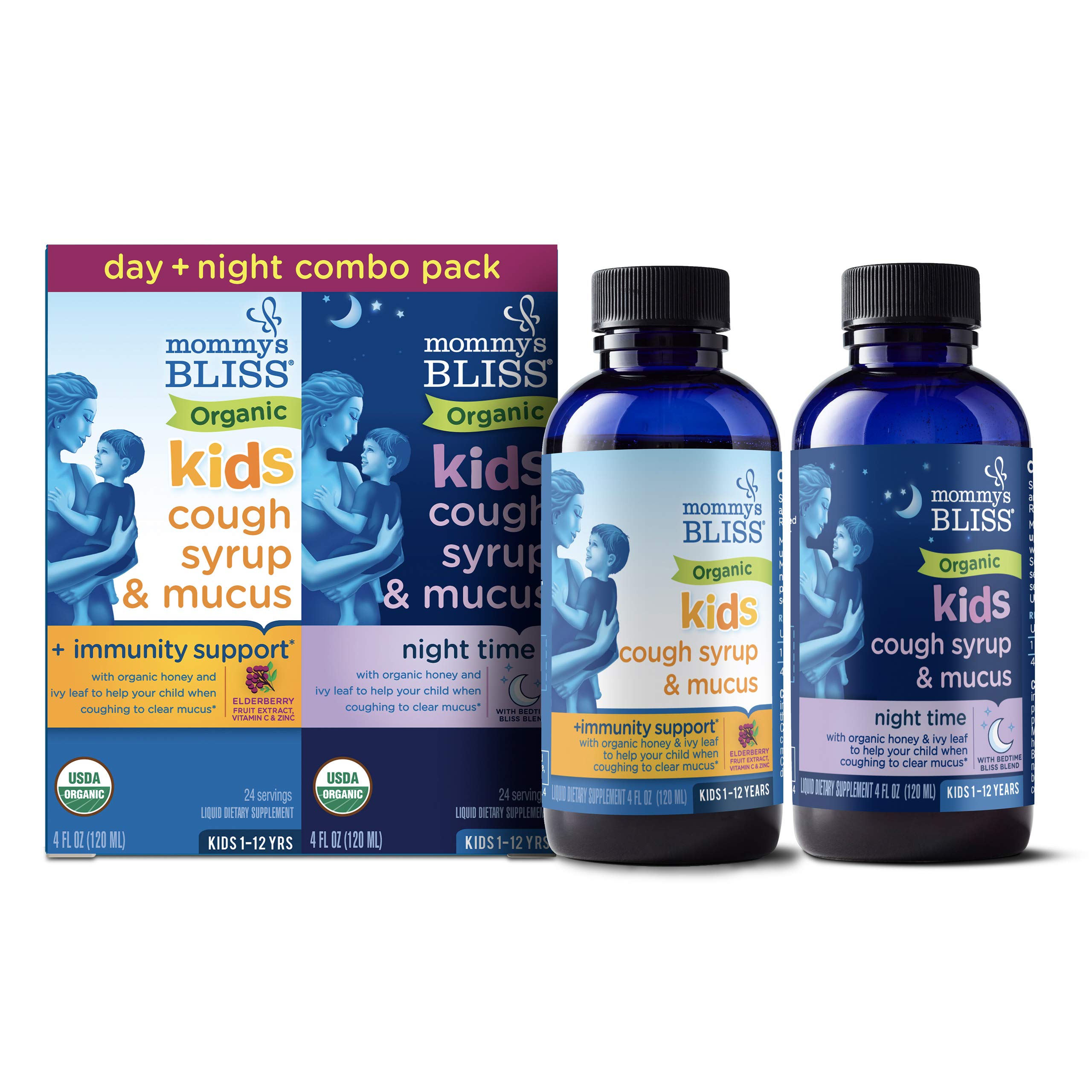 Photo 1 of **expires 09-2025**Mommy's Bliss Organic Cough Syrup & Mucus for Kids, Day and Night Combo Pack with Vitamin C and Immunity Support, Contains Organic Honey and Ivy Leaf, 4 Fl Oz (Pack of 2)