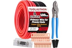 100Ft 4 Gauge Wire Copper Clad Aluminum CCA Cable with 100A Fuse Block, Cable Cutter, 20Pcs Lugs Terminal Connectors for Batt