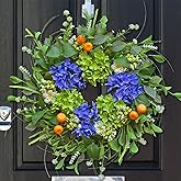 Spring Wreaths for Front Door 24 Inch, Summer Wreath Outdoor,Silk Hydrangea Wreath with White Blossoms & Mini Mandarins, Rustic Farmhouse Indoor & Outdoor Seasonal Wreath, Spring&Summer Home Decor