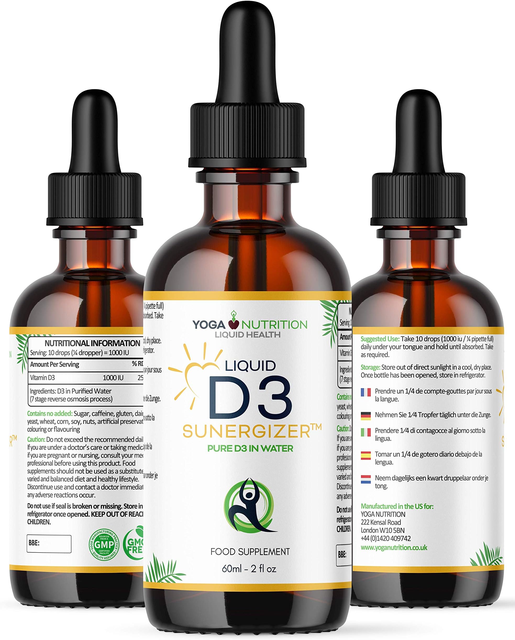 Liquid Vitamin D3 SUNERGIZER Sublingual Drops - NO Artificial Preservatives -Flavourless in Pure Water - Ideal for Children - 60ml by Yoga Nutrition