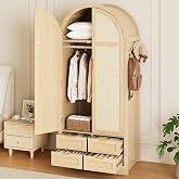 Curlaky Armoire Wardrobe Closet with 4 Drawers - Wood Bedroom Armoires and Wardrobes with Rattan Doors for Hanging Clothes, Tall Clothing Cabinet Arched Closets for Cloak Room, Large Capacity Storage