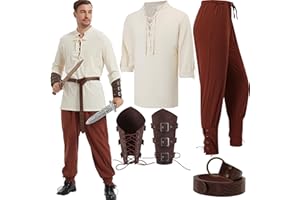 YUANTU 5 pcs Halloween Men's Renaissance Costume Set Viking Costume Medieval Pirate Shirt Ankle Banded Pants Belt Accessories