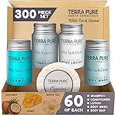 Terra Pure White Tea & Coconut Toiletries Set | 1-Shoppe Amenities Kit | 1oz Shampoo & Conditioner, Body Wash, Lotion, 1.25oz Bar Soap | Travel Size | 300 Pieces