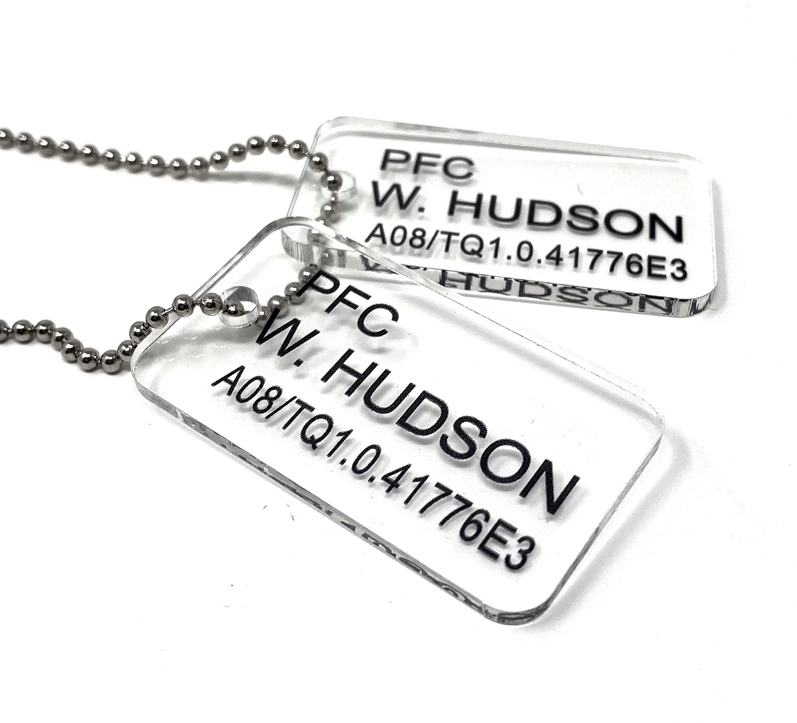 Super6props Aliens USCM Dog Tags, 50 x 28 MM, Acrylic, Clear, PFC W. Hudson, 980mm Ball Chain