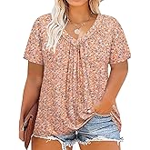 CARCOS Plus Size Tops for Women Short Sleeve Summer Shirts Casual V Neck Tunic Loose Fit Tshirts Soft Blouse XL-5XL