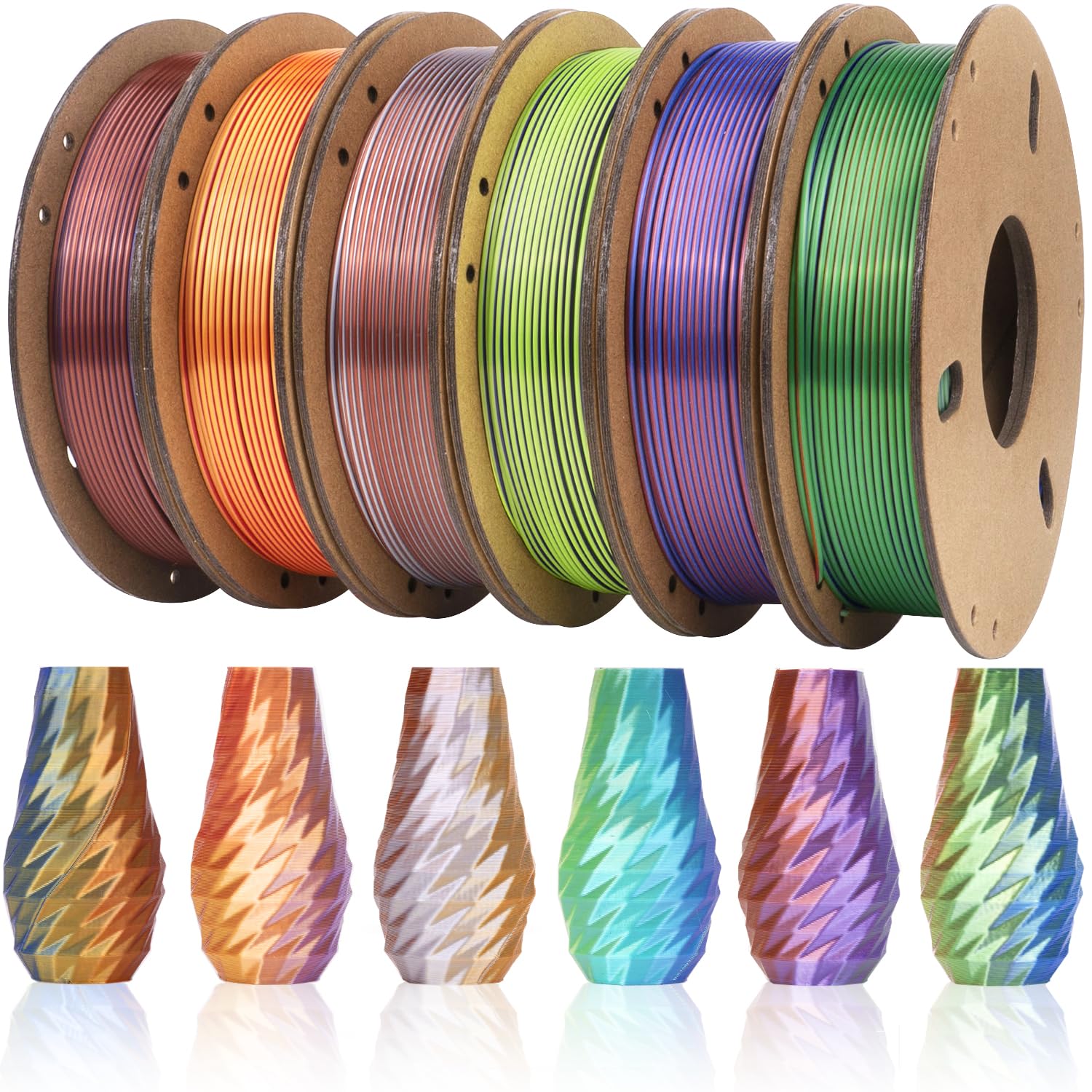 Photo 1 of Dynta Tri-Colors Silk Pla Filament 3D Printer 1.75mm Filament Bundle, Multi-Color, 6 Pack 250g Each