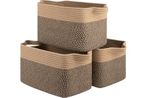 OIASKET 3 Packs Storage Baskets for Organizing, Cotton Rope Decorative Baskets for Shelves, Woven Baskets with Handles Storage Bins Set for Toys, Books, and Towels-15''Lx10''Wx9''H-Brown & Black