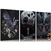 3pcs Vintage Gothic Canvas Wall Art Dark Academia Pictures Wall Decor Spooky Dark Rose Crow and butterfly Posters Prints Paintings for Bedroom Living Room Artwork Home Decoration Prepare To Hang