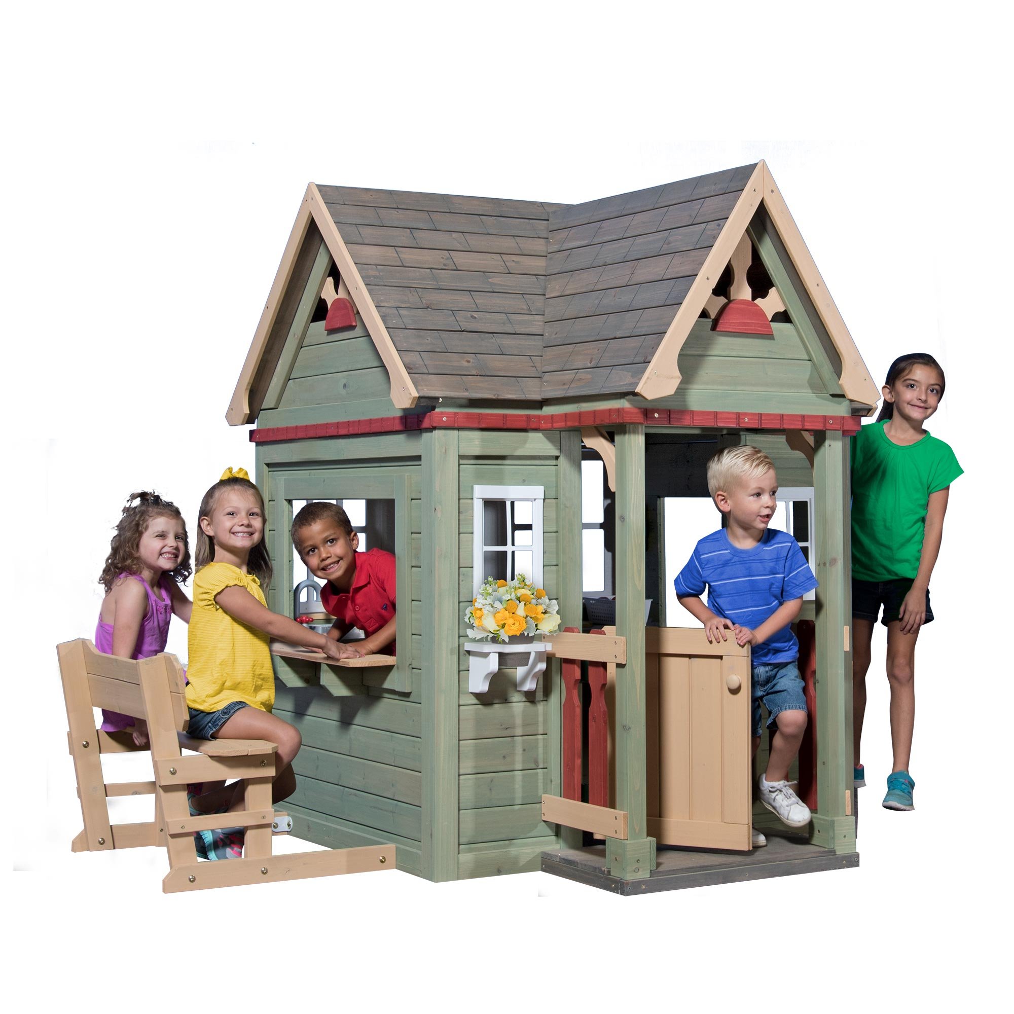 Rustic BIG Wooden Playhouse Victorian Cedar Kids Outdoor Fun Play w