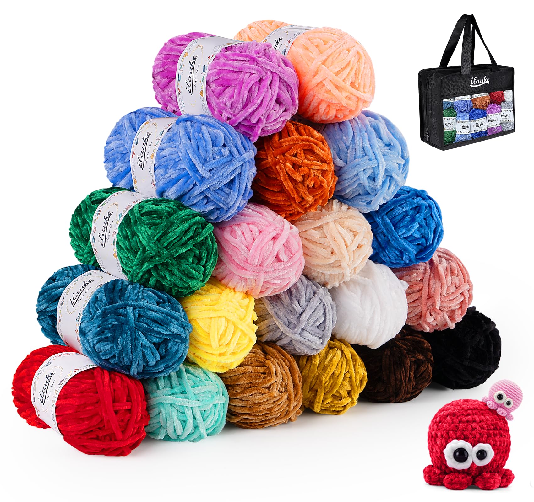 ilauke 20x30g Chenille Yarn, Soft Chenille Chunky Yarn for Knitting and Crocheting with Needles Crochet Accessories and Handbag, for Clothes, Blankets, Bags, DIY