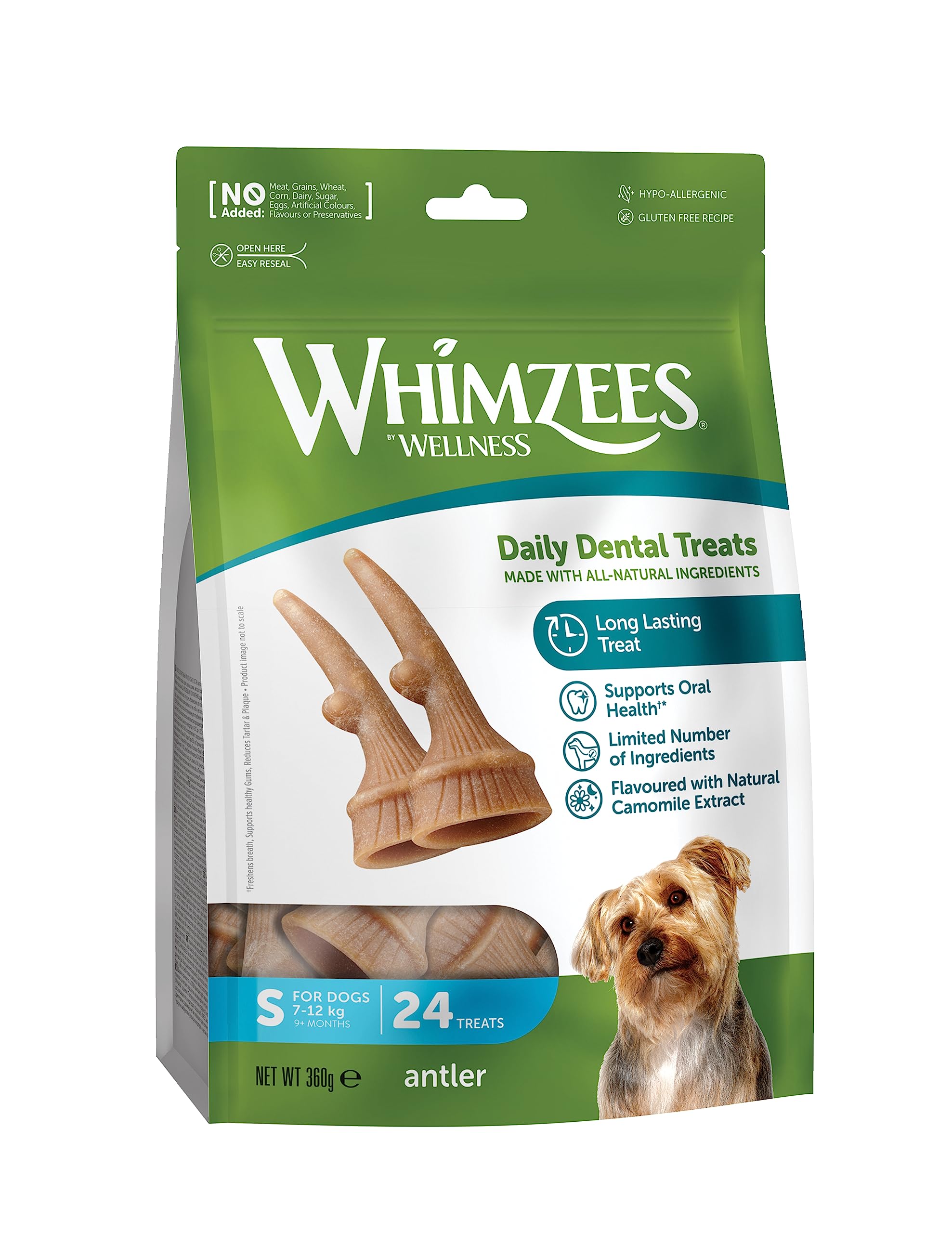 WHIMZEES Antler S, 24 Pieces – Dog Dental Stix, Size S, Dog Dental Sticks for Small Breeds, Natural and Grain Free, Rawhide-Free, Vegetarian, No Added Sugar