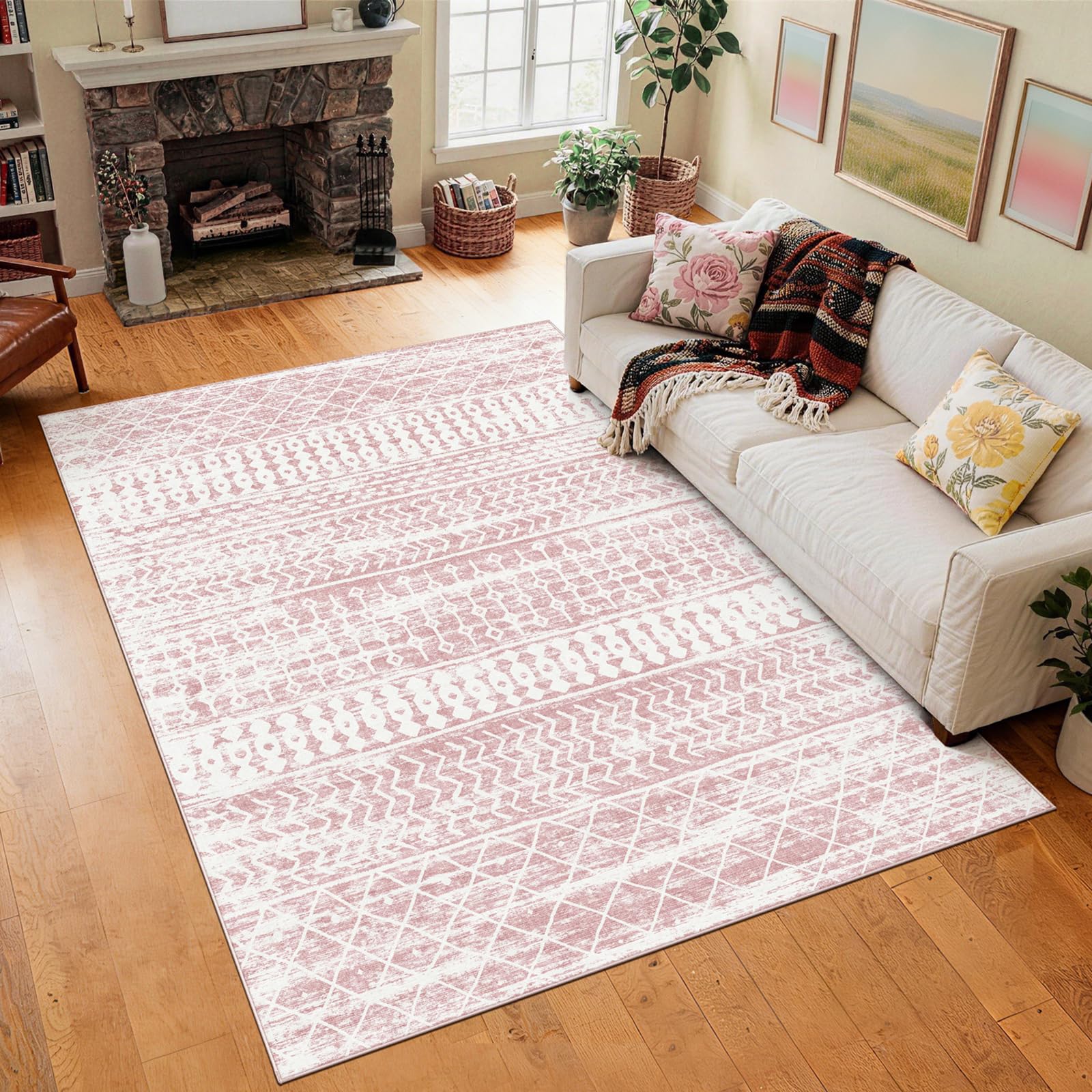 6x9 Machine Washable Area Rug for Living Room, Pink Vintage Moroccan Rug Large Non-Slip Low Pile Soft Faux Wool Carpet, Kids and Pets Friendly for Bedroom Dining Room Farmhouse Home Decor Rug
