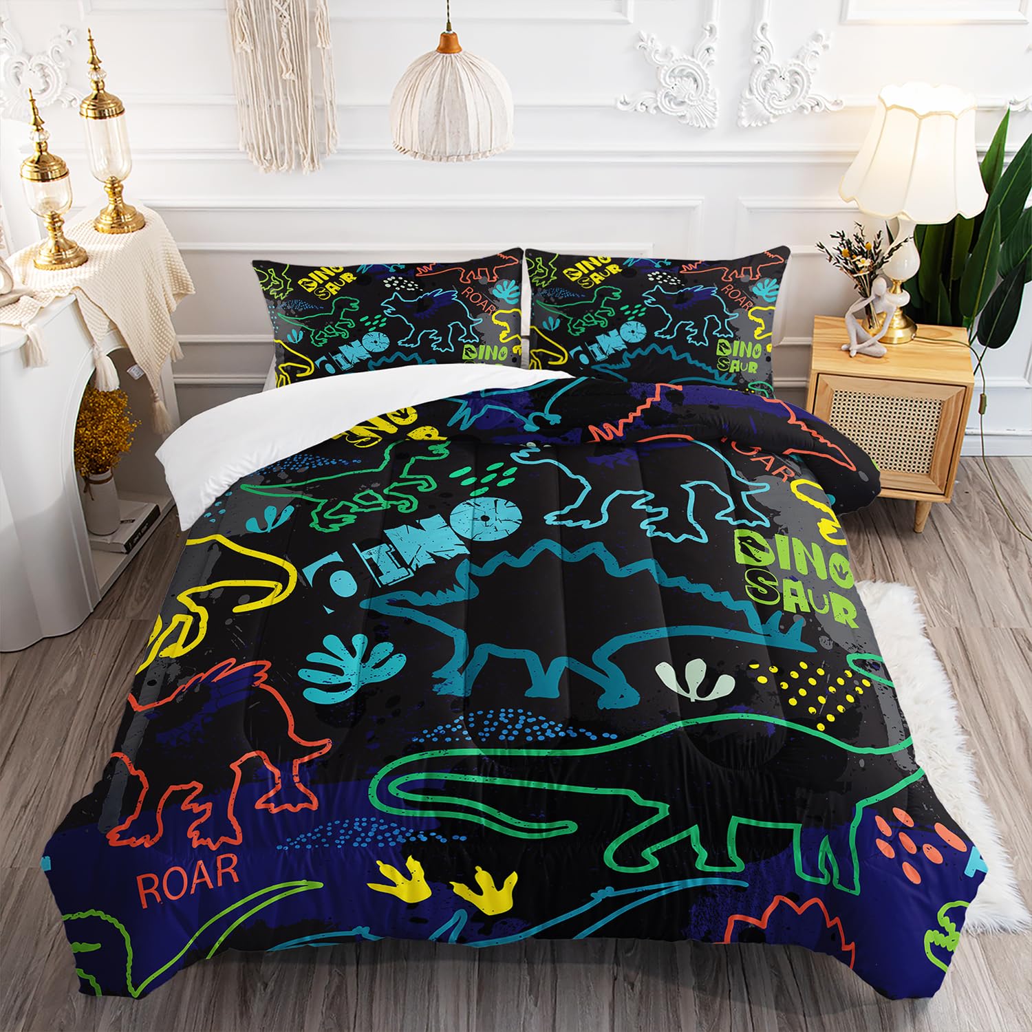 Photo 1 of AILONEN Dinosaur Bedding Set Full Comforter Set for Boys,Cartoon Dinosaur Comforter Sets Full Size,Boys Kids Dinosaur Print Bed in a Bag Set for Bedroom Decor 3 Pieces, 1 Comforter and 2 Pillowcases