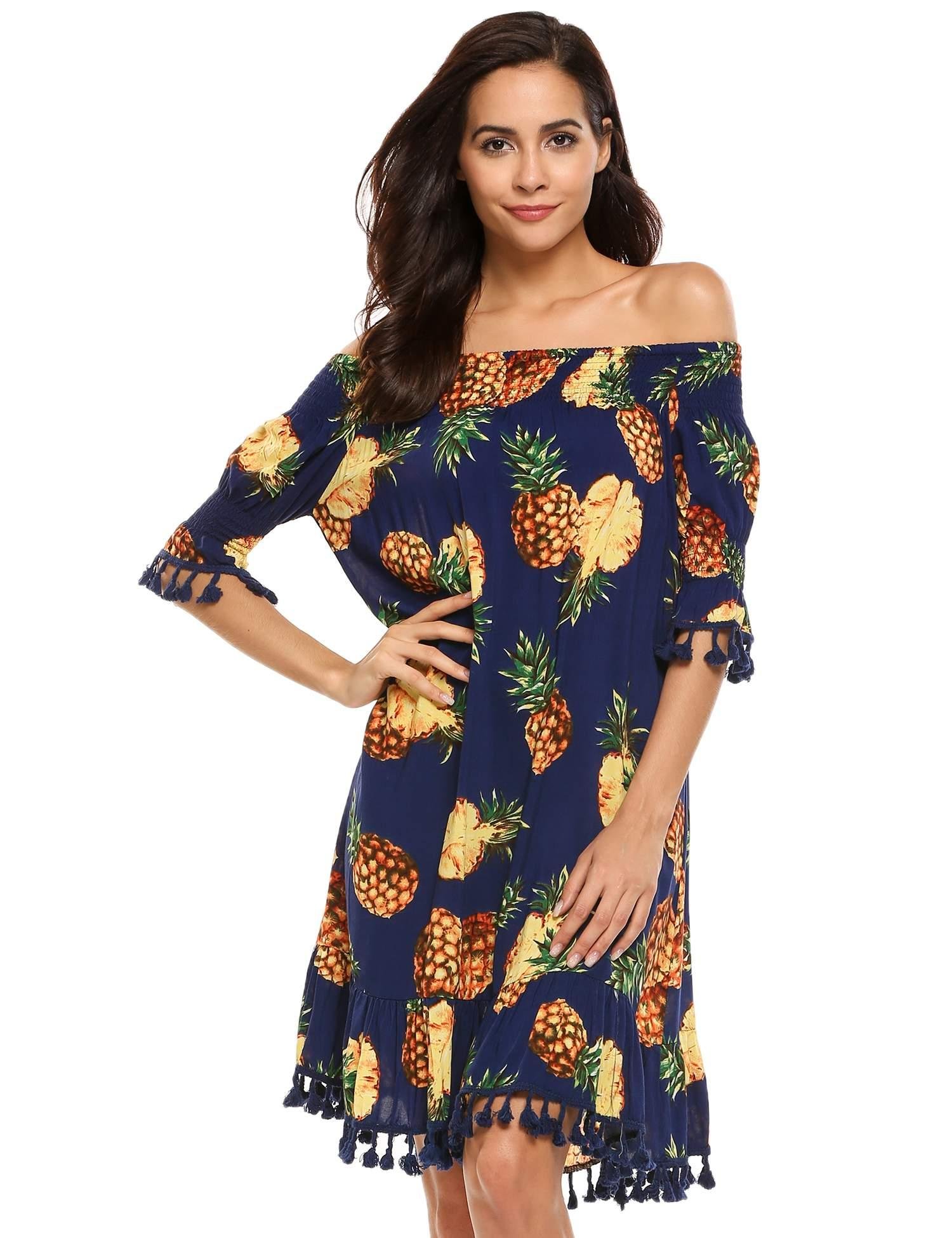 Beyove Women\'s Off Shoulder Tassel Trim Pineapple Printed Summer Party Dress,M