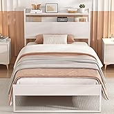 Elephance Twin Bed Frames,Metal Platform Bed Frame with 2-Tier Storage Headboard, No Box Spring Needed, Noise Free, Easy Assembly,White