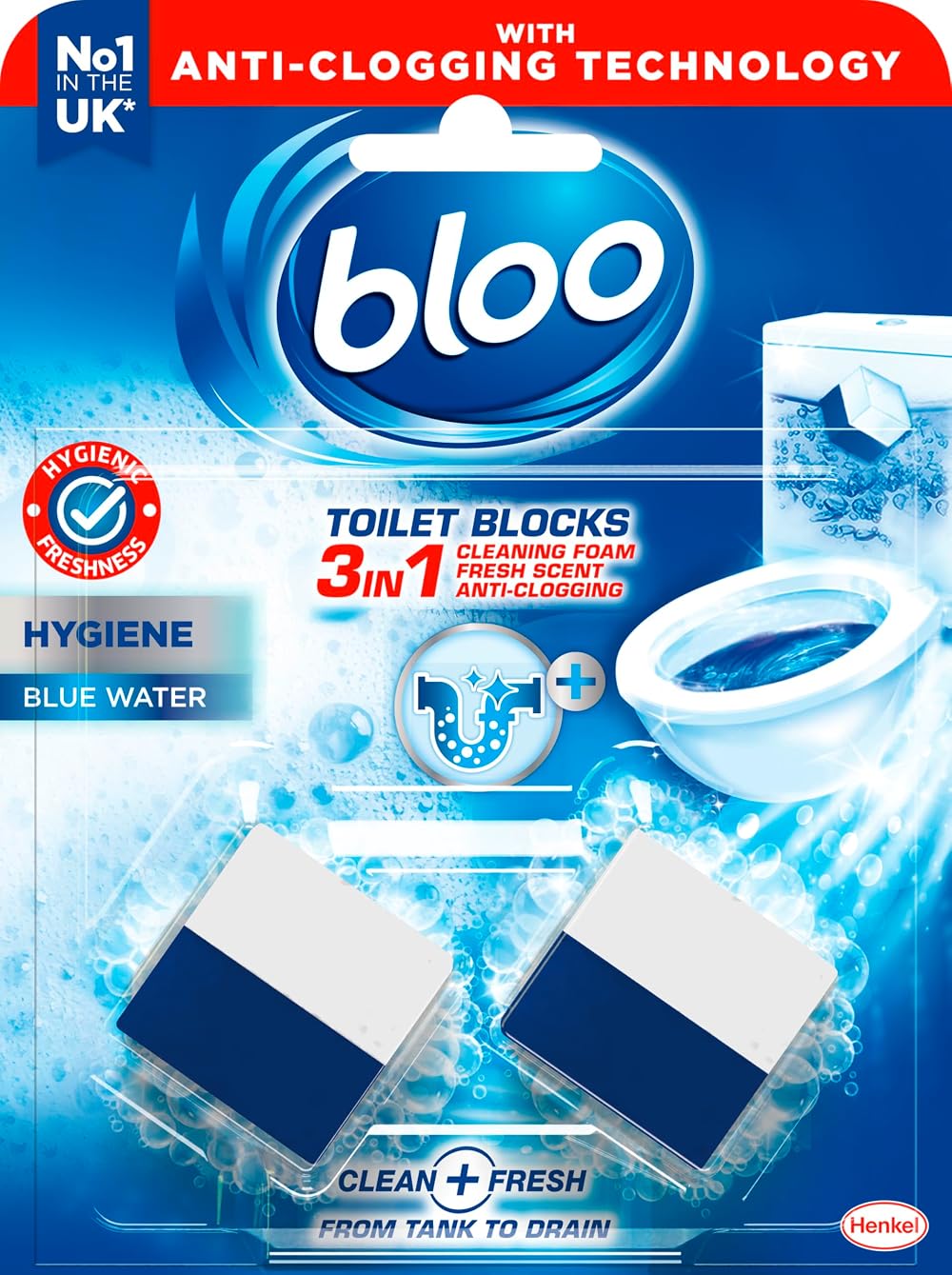Bloo Hygiene 3in1 Cleaning Foam Toilet Blocks Pack of 2 Blue Fresh Scent