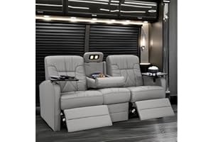 Qualitex De Leon RV Double Recliner Sofa, Ultimate Leather, Heat and Massage, Power Recline, Ash