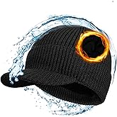 CHUANGLI Waterproof Merino Wool Visor Beanie for Men Large Winter Beanie with Brim, Unisex Warm Fleece Lined Knit Wool Hat