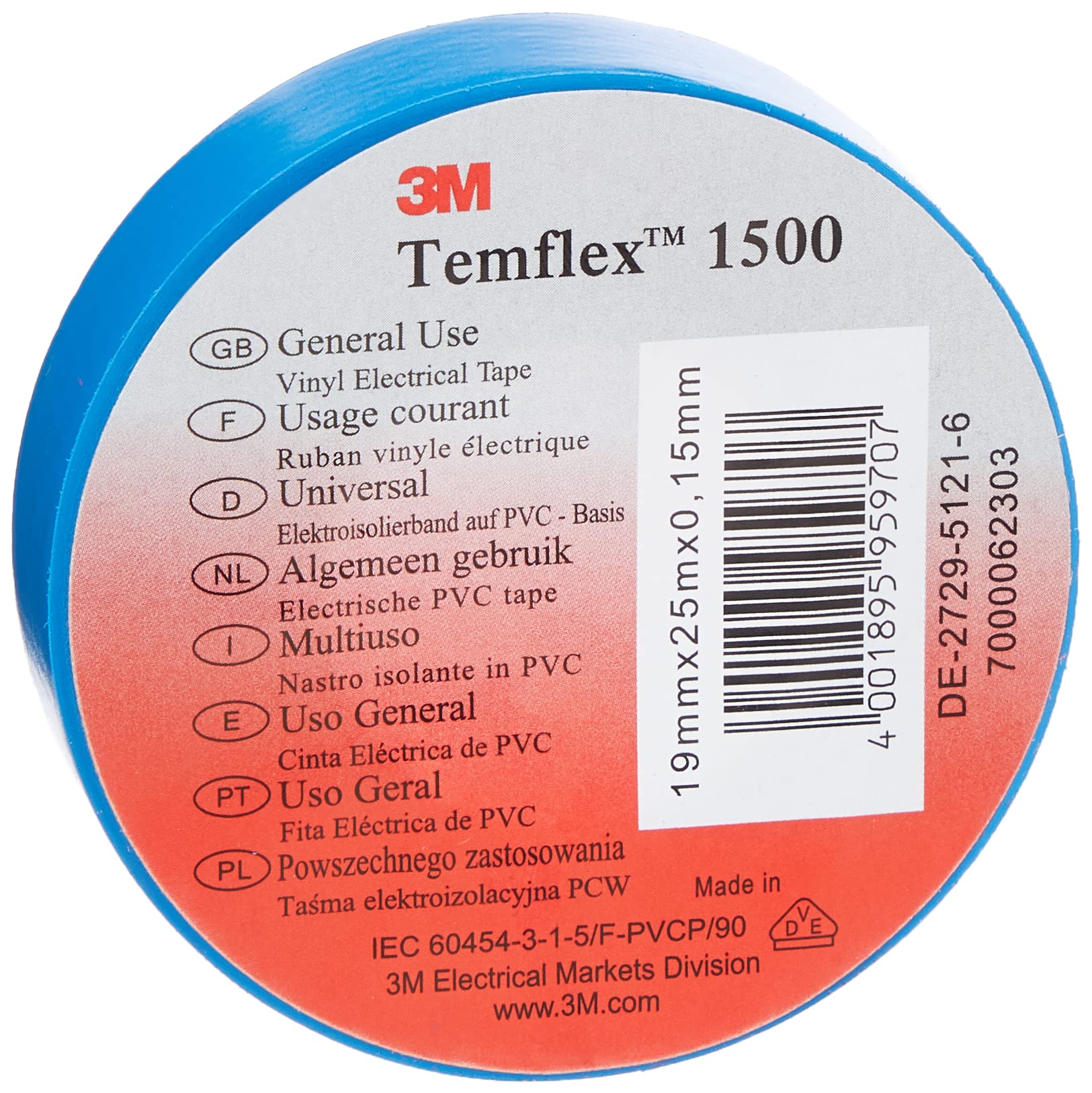 3 M TBLA1925 Temflex 1500 Vinyl Electrical Insulation Tape 19 mm x 25 m A 0.15 mm, blue