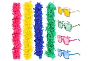 Canlierr Colorful Feathers Boas Party Pack 6.6 ft Feather Boa with Square Sunglass for Christmas Mardi Gras Dancing Wedding