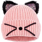 Little Girls Sequin Cat Ears Hats Cute Warm Knit Beanie Hat for Kids Winter Outdoor Snow Ski Skull Cap 3-8 Years