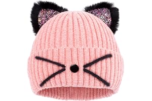ACTLATI Little Girls Sequin Cat Ears Hats Cute Warm Knit Beanie Hat for Kids Winter Outdoor Snow Ski Skull Cap 3-8 Years