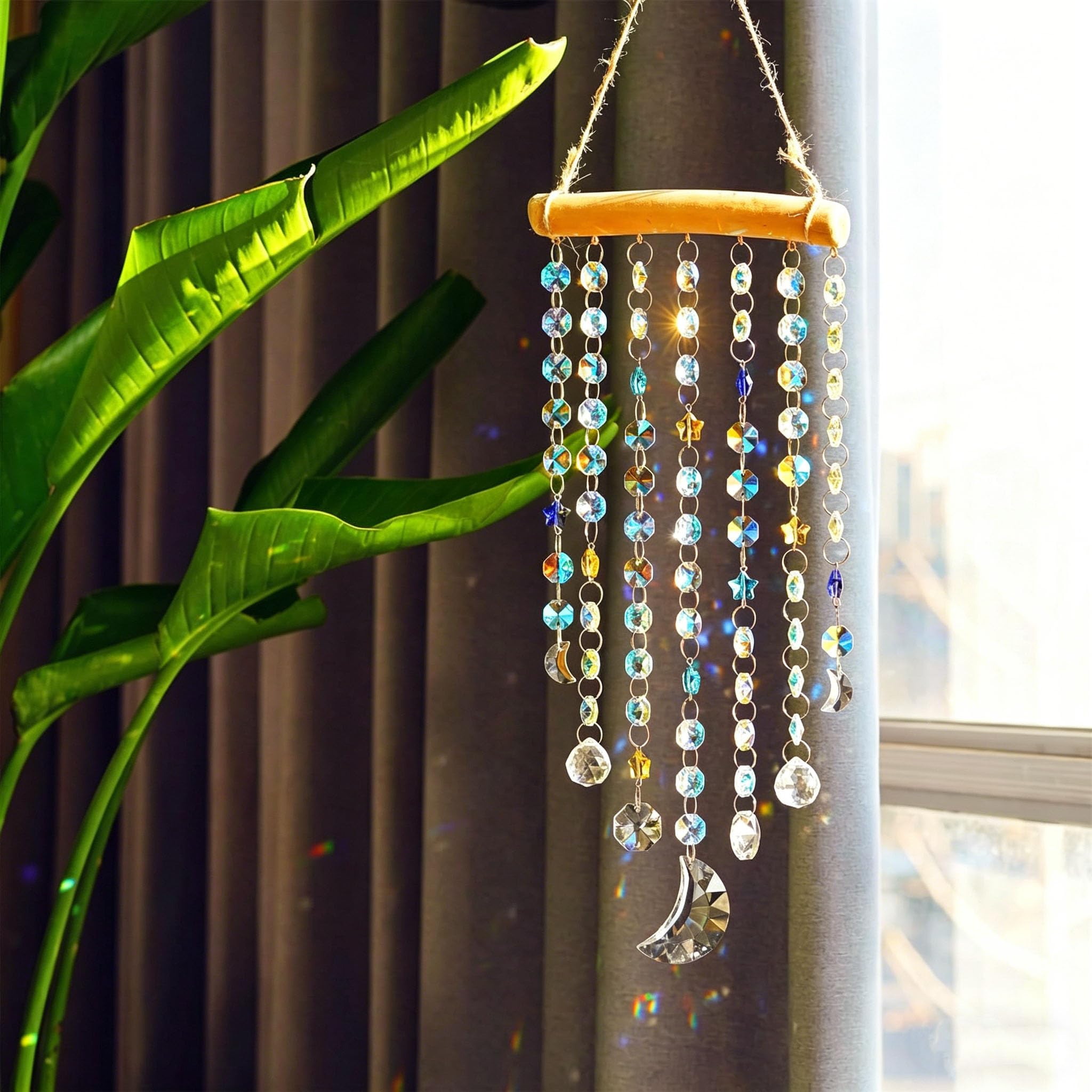 YU FENG Crystal Moon Star Prism Suncatcher Rainbow Maker Pendant Window Garden Hanging Decoration Ornament Crystal Wind Chimes, Clear