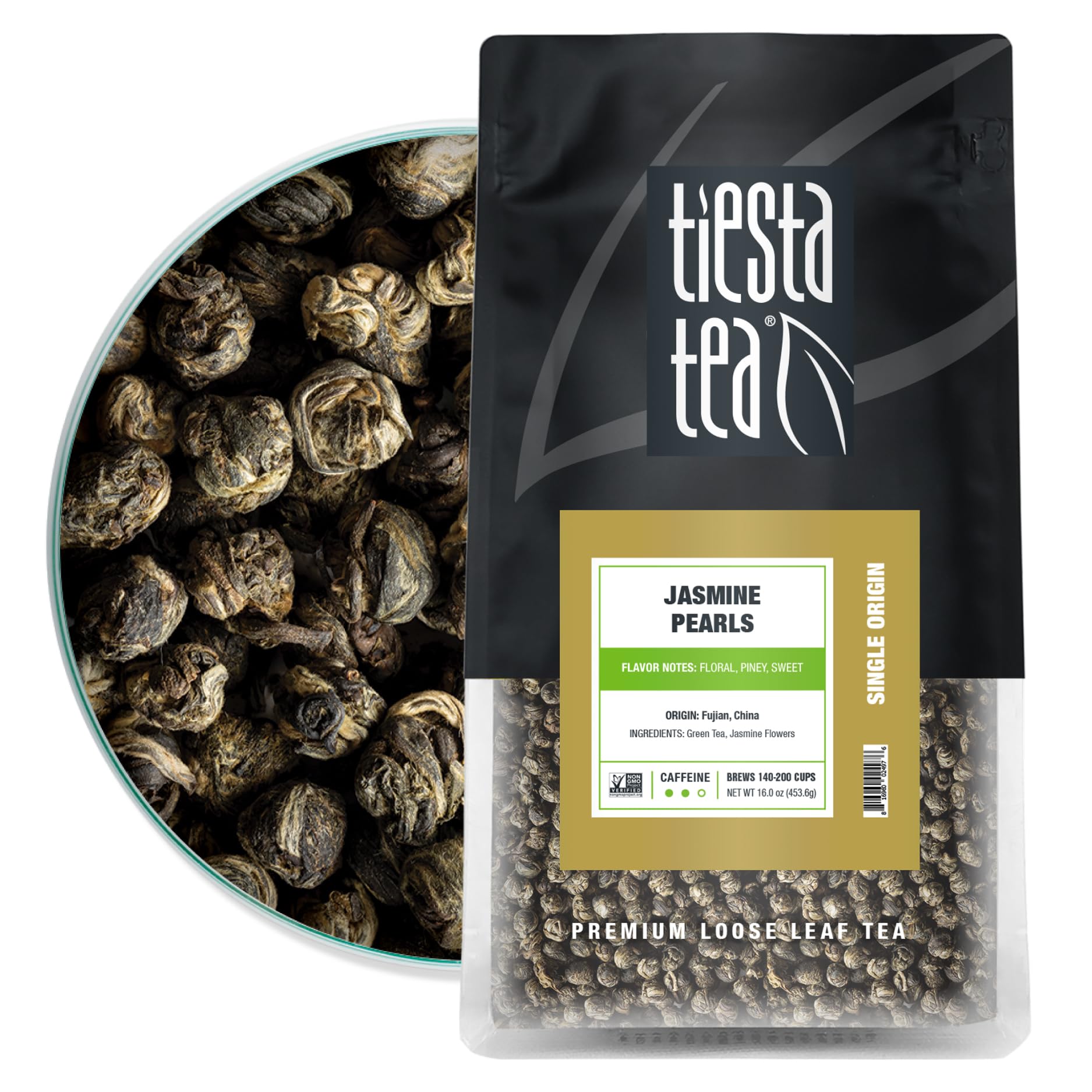Tiesta Tea - Jasmine Pearls Green Tea, Loose Leaf, Single Origin Premium Jasmine from China, Pure Unblended Medium-Caffeinated Blend, Makes Hot or Iced & Up to 200 Cups, 16oz Resealable Bulk Pouch Image