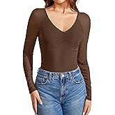 Avidlove Long Sleeve Bodysuit for Women Sexy V Neck Mesh Ruched Shapewear Body Suits Going Out Leotard Tops