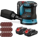 Cordless Random Orbital Sander 5 Inch Brushless Palm Sander with 2 Battery | 3-Speed Max 11000RPM with Dust Collector 15pcs Sanding Discs for Woodworking, Furniture Polishing