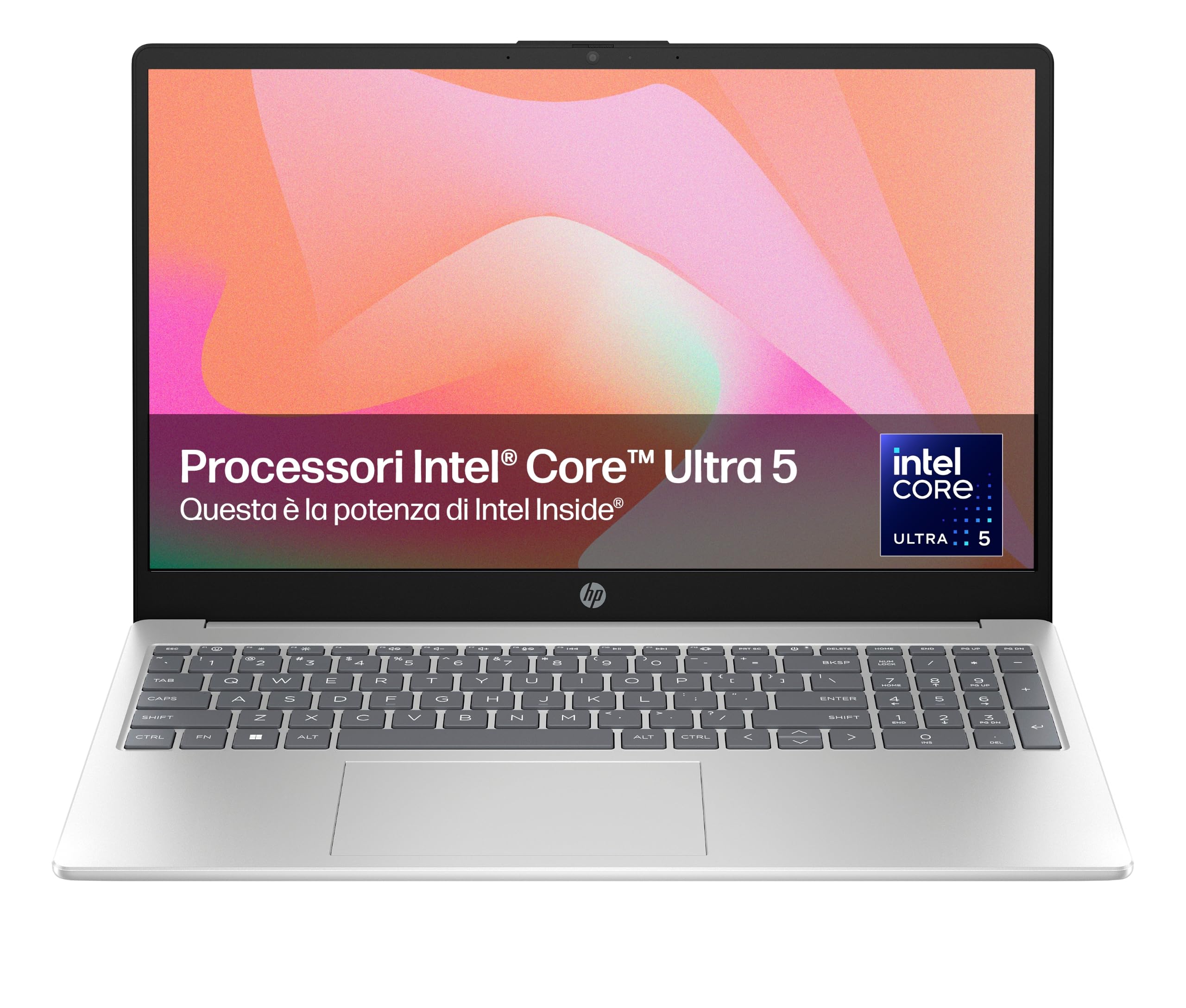 HP Laptop 15-fd1005sl, PC Portatile 15", Display FHD, Notebook, (Intel Core Ultra 5 125H, RAM 16GB, SSD 512GB, Windows 11), Computer Portatile, Uso quotidiano, Tastiera Italiana, QWERTY, Argento