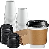 GUSTO [10 oz. - 50 Sets Disposable Coffee Cups with Lids and sleeves - To Go Paper Hot Cups for Travel and Office Use - Formerly Comfy Package
