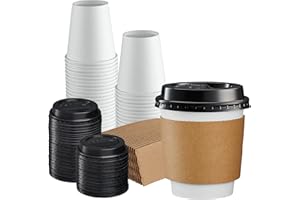 GUSTO [10 oz. - 50 Sets] Disposable Coffee Cups with Lids and Sleeves - to Go Paper Hot Cups for Travel and Office Use - Form