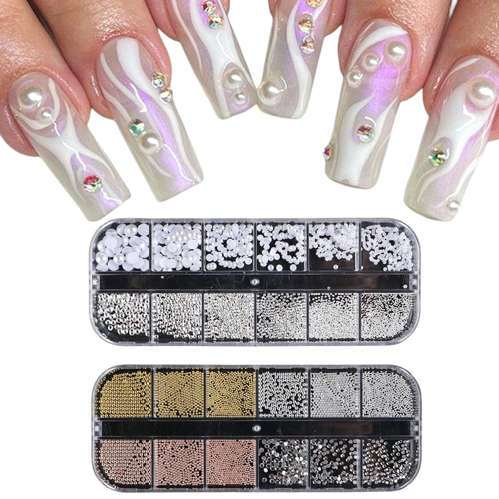 3D Nail Charms, 2 Boxes Multi-Shape Nail Art Charms Nail Rhinestones Flat Nail Pearls Gold Silver Caviar Beads Crystal Nail Gems for Nail Art Decoration DIY Crafts (F) — image 1