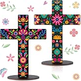 Pinkunn 2 Pcs Day of The Dead Cross Decor, Floral | 9 X12 in Hand Painted Wooden Dia De Los Muertos Cross, Mexican Altar Ofrenda Decor, Spanish Crucifix, Home Church Centerpiece