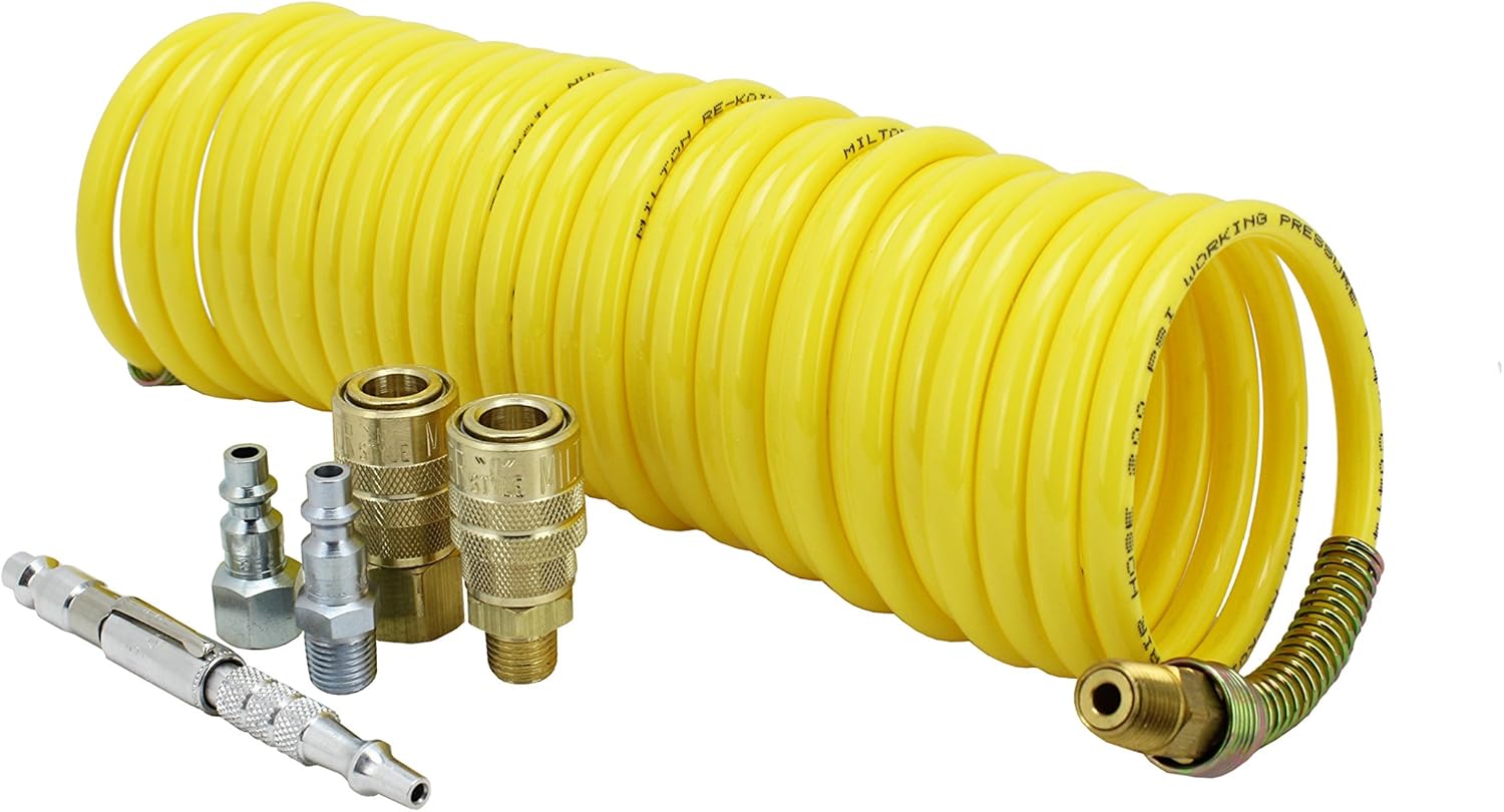 Milton (MK1669-1) 25-Foot Re-Koil Air Hose, M-Style Adjustable Pocket Blow Gun, and M-Style Air Coupler & Plug Kit - 1/4" Flow NPT, (6-Piece) - - 
