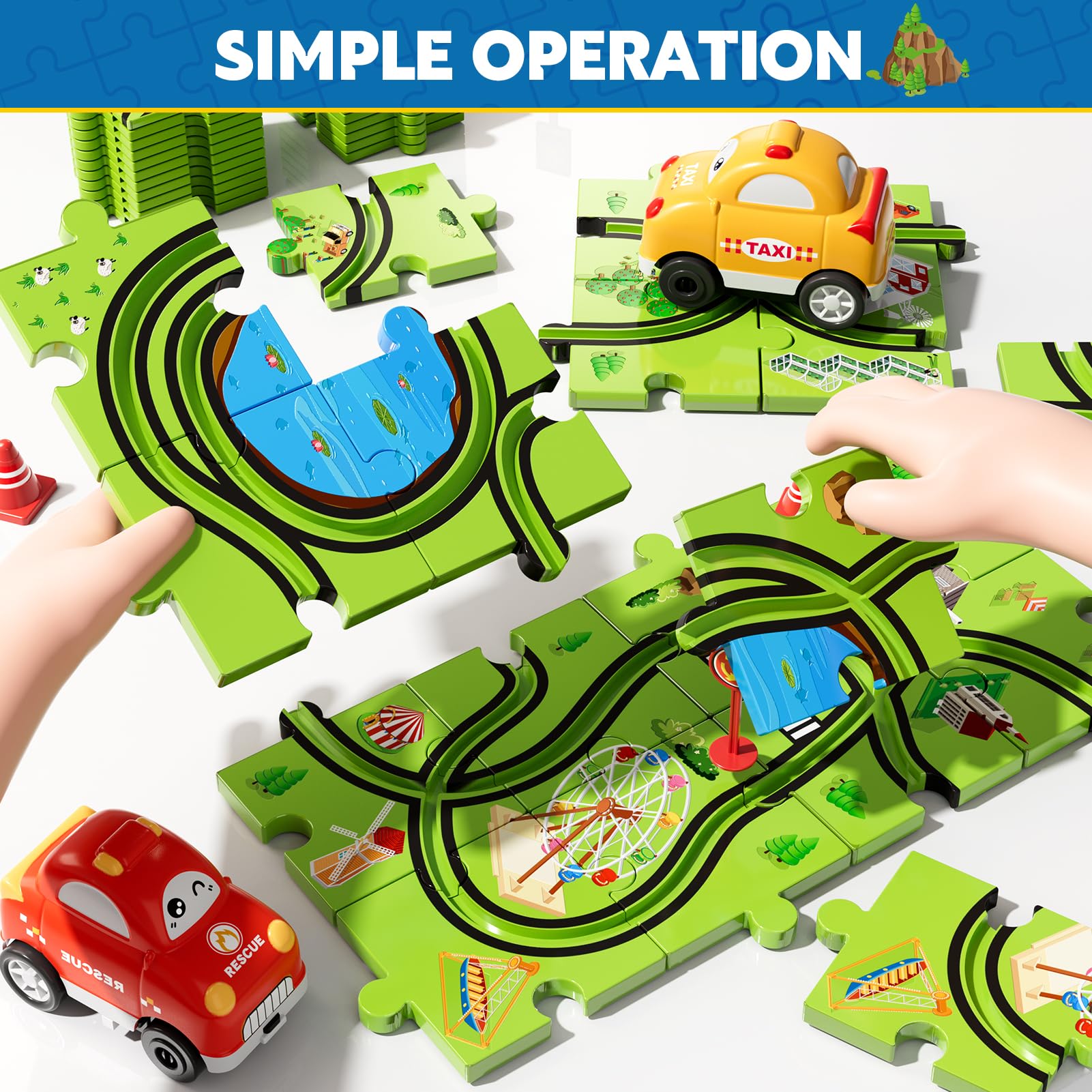 64 Pc Puzzle Race Track Car Set Toys for Kids, Toddler Gifts for 3-5 Year Olds, Ideal 3-6 Year Old Boys Birthday Gifts