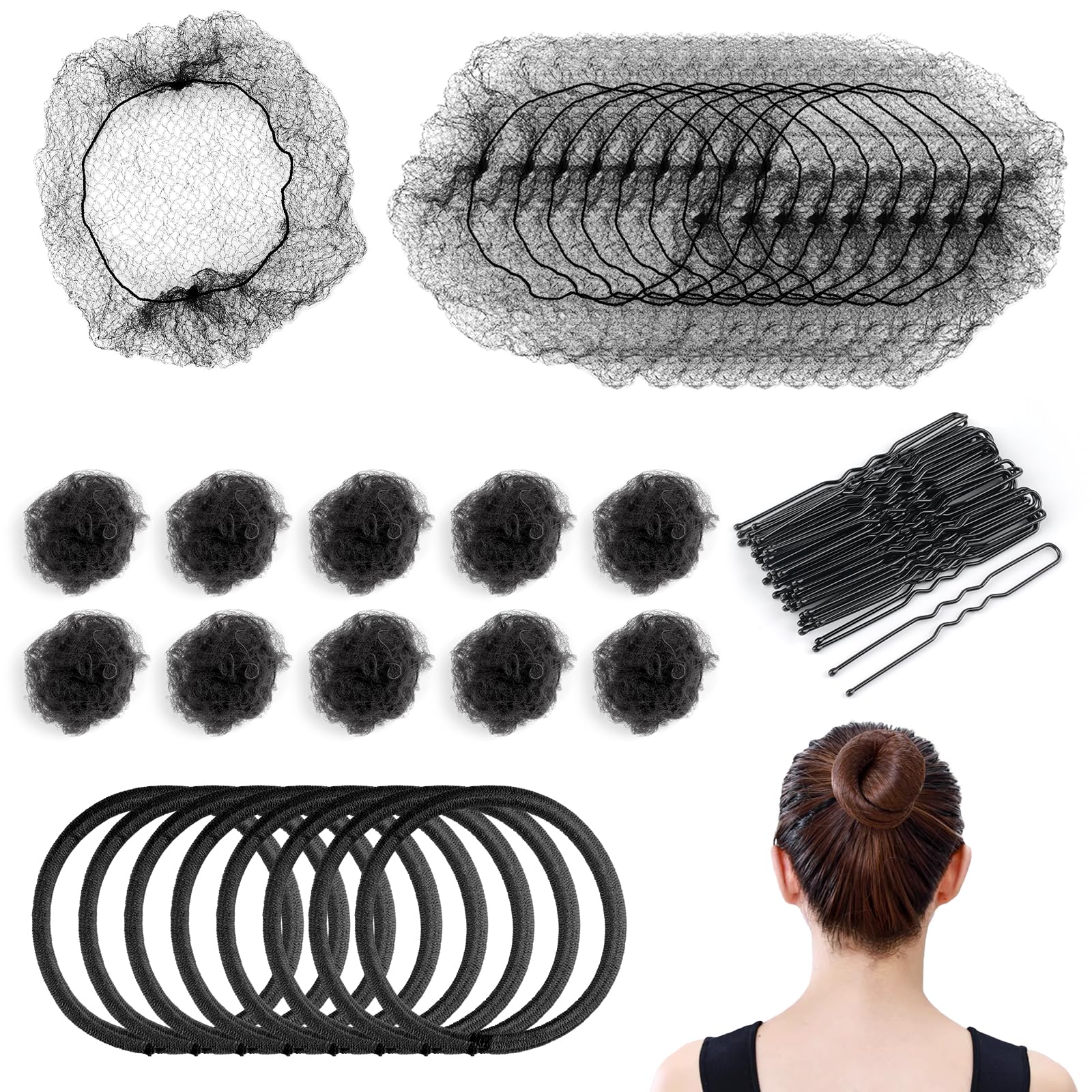 90 Pcs Ballet Bun Kit with Hair Pins, Invisible Hair Bun Nets for Kids, Hair Styling Accessories for Ballet Dancer Women & Child (Black)