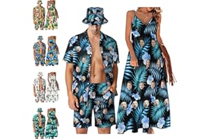 Wasetell Personalized Matching Couple Hawaiian Outfits Face Hawaiian Shirt Shorts Dress Matching Set Photo Hawaiian Shirt