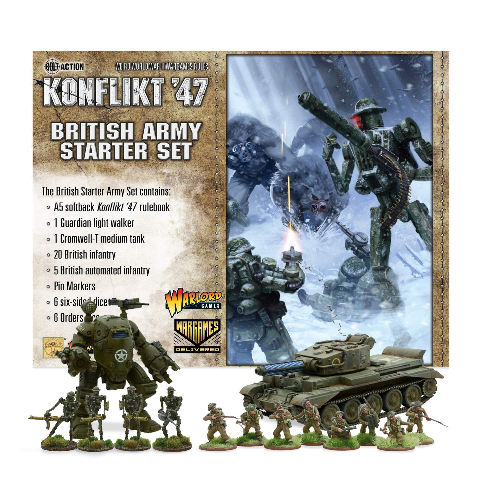 Wargames Delivered - 28mm Military Tanks Miniatures Game - World War RPG Miniature Wargames Set - Warlord Games Konflikt '47: British Army Starter Set