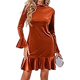 Umimore Women's Velvet Long Sleeve Bodycon Mini Dresses 2025 Fall Winter Mock Neck A-Line Ruffle Cocktail Party Short Dress