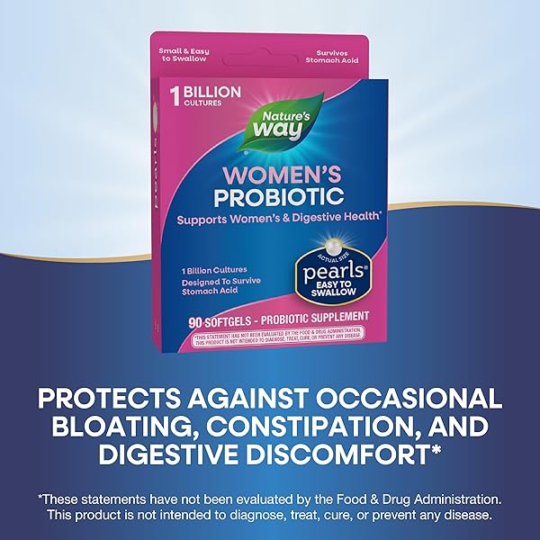 NATURE’S WAY WOMEN’S PROBIOTIC PEARLS, SUPPORTS WOMEN’S AND DIGESTIVE HEALTH*, PROTECTS AGAINST OCCASIONAL CONSTIPATION & BLOATING*, 1 BILLION LIVE CULTURES, 90 SOFTGELS (PACKAGING MAY VARY)