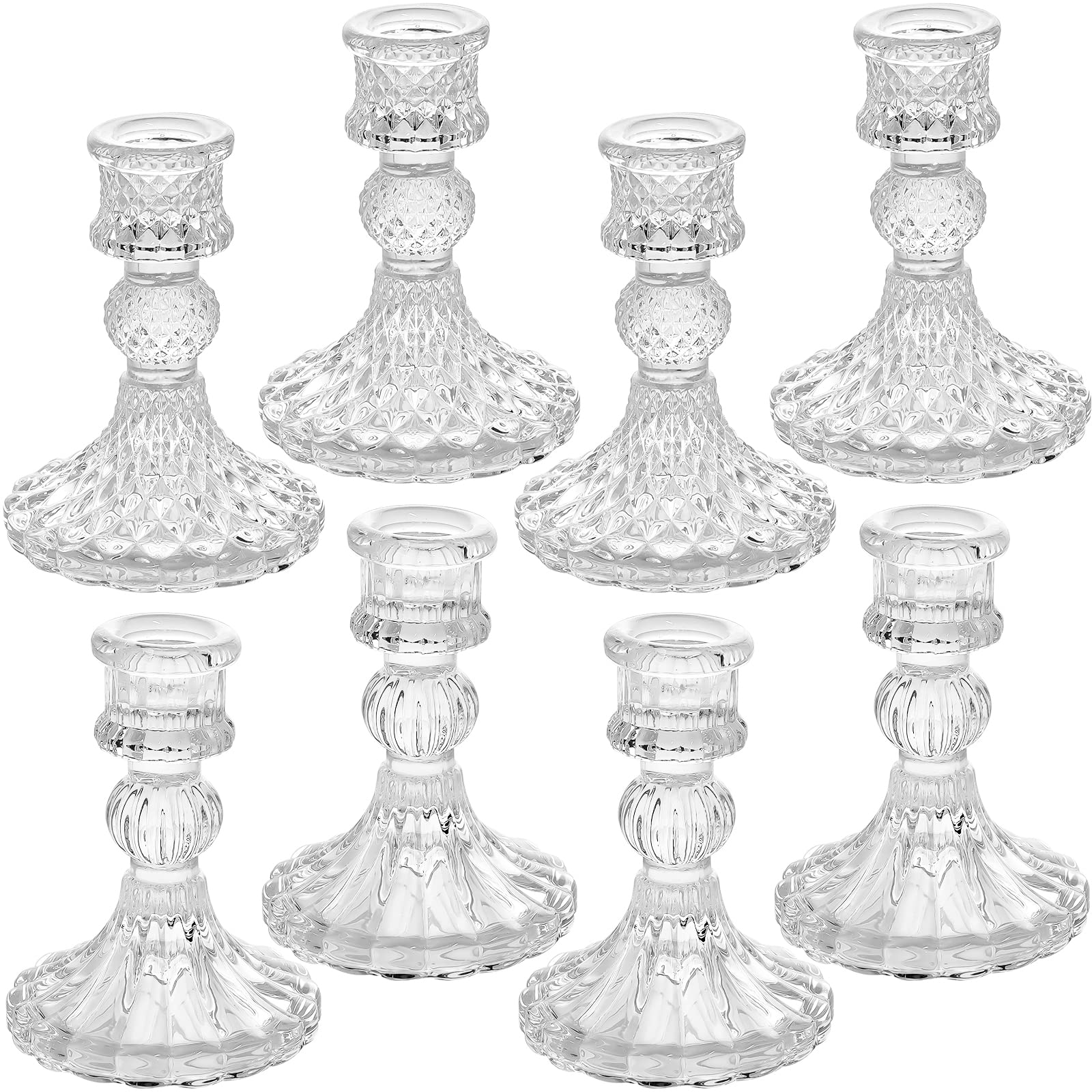 Clear Glass Candlestick Holders,8 pcs Set include Taper Candle Holders and Stripe Candle Holders,Two Style for Formal Events, Wedding, Festival,Church, Party & Festival Decoration